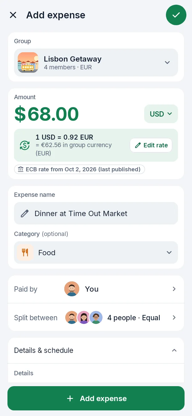 Adding a $68 dinner to a euro group, converted at the ECB rate