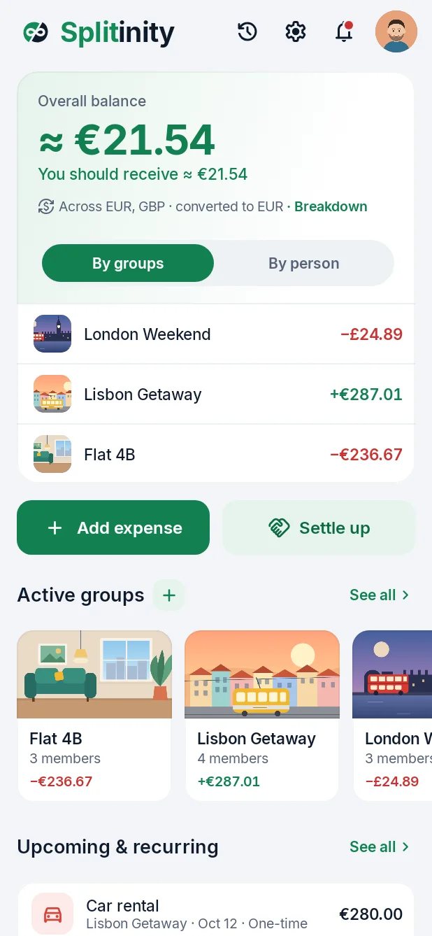 Splitinity's home: an overall balance across euros and pounds, and the groups London Weekend, Lisbon Getaway and Flat 4B